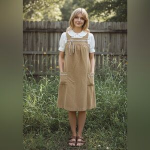 Vtg Boho Corduroy Midi Jumper Dress -Tan Cottagecore Pinafore Ribbon Trim SZ XS